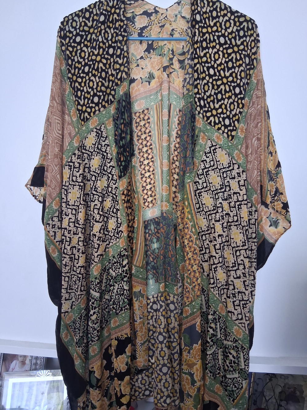 Bohemian Patchwork Maxi  Light Weight Velvet Shaw,in Black, Green & Gold